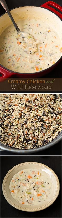 four different pictures showing the process of making wild rice soup