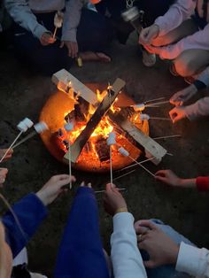 a group of people sitting around a fire pit with marshmallow sticks sticking out of it