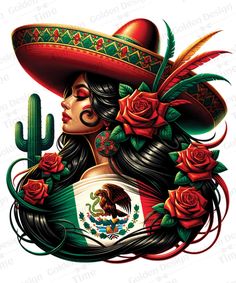 a woman wearing a sombrero with roses and a mexican flag on her shoulder