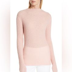 New With Tags. Fuzzy Mohair Yarns Bring An Ultrasoft Feel And Semi-Sheer Finish To A Clingy Rib-Knit Sweater Eased With Subtly Dropped Shoulders And Extended Sleeves. Mock Neck Long Sleeves Side Vents Semi-Sheer; Base Layer Recommended 65% Mohair, 30% Nylon, 5% Wool Feminine Fitted Sweater For Layering, Pink Cashmere Tops For Spring, Elegant Pink Fine Knit Sweater, Elegant Pink Sweater For Layering, Fitted Cashmere Sweater In Pink, Fitted Pink Cashmere Sweater, Woven Cardigan, Slim Fit Sweater, Cashmere Blend Sweater