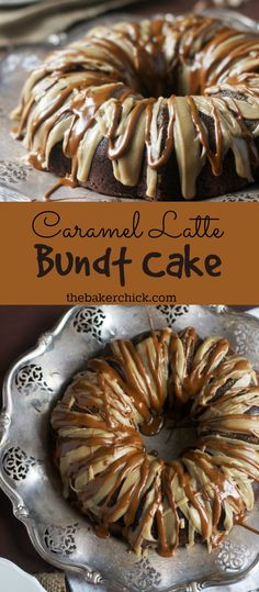 caramel latte bundt cake on a silver platter