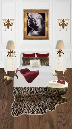 the bedroom is decorated in white and red with leopard print on the bed, nightstands, lamps, and pictures