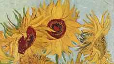 a painting of sunflowers on a blue background