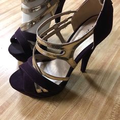 Purple Suede With Gold Straps. Never Worn High Heel Shoes. Excellent Condition. Purple Open Toe Sandals For Night Out, Open Toe Ankle Boots, Purple Sandals, Car Shoe, Stud Fashion, Gladiator Heels, Square Toe Heels, Purple Suede, Black Sandals Heels