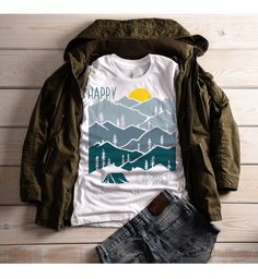 Women's Happy Camper T Shirt Sunset Shirts Camping Tee Nature Tshirt Wanderlust Clothing by ShirtsBySarah on Etsy https://www.etsy.com/listing/613864431/womens-happy-camper-t-shirt-sunset Camp T Shirt, Compass Svg, Pocket Tees, Camping Shirts, Typography Tees, Camping Tee, Nature Tees, Nature Shirts, Hoodie Size Chart