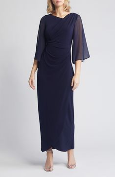 Exude classic elegance in a navy-blue gown designed with frothy sheer sleeves and shaped with delicate ruching. 58" length Slips on over head Asymmetric neck Bracelet-length sleeves Lined, except sleeves 96% polyester, 4% spandex body with 100% polyester sleeves Hand wash, dry flat Imported Blue Evening Dress With Draped Sleeves For Formal Events, Elegant Blue Maxi Dress With Draped Sleeves, Ruched Chiffon Evening Dress, Chiffon Evening Dress With Ruched Details, Fitted Blue Evening Dress With Draped Sleeves, Elegant Formal Evening Dress With Gathered Sleeves, Formal Ruched Chiffon Evening Dress, Elegant Chiffon Evening Dress With Ruched Details, Blue Elegant Dress With Gathered Sleeves