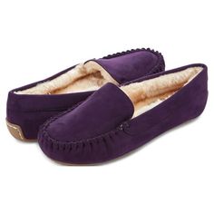 Say hello to our memory foam, faux-fur lined Moccasin Slippers! It's made to wear both indoor and outdoor with a nonslip rubber sole, great for carpets, slippery floors, and stairs. They are pretty yet durable, and slippers you can really count on! Size: 10.  Color: Purple.  Gender: female.  Age Group: adult. Purple Slippers, Faux Fur Material, Moccasins Style, Comfy Slippers, Soft Slippers, Suede Slippers, Slippers For Women, Warm Slippers, Moccasins Slippers