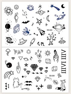 the back and side of a poster with different designs on it, including stars, planets,