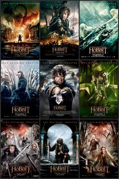 the hobbit movie poster is shown in many different colors and sizes, including one with