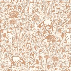 an orange and white wallpaper with various animals in the grass, mushrooms and flowers