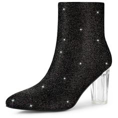 Can't help falling in love with these sparkly booties. The Glitter Ankle Boots have high block heels, a pointed toe, a low shaft that zips up the inside, and a safe cover on the mouth of shoes to prevent rubbing from the glitter. The glitter design will make you stand out in the crowd. It is a great choice for dating and hanging out with friends. It will win your heart via your feet. Halloween Costume Boots, Costume Boots, Clear Block Heels, Chunky Heel Ankle Boots, Party Heels, Buckle Ankle Boots, Shoes Boots Ankle, Clear Heels, Closed Toe Shoes