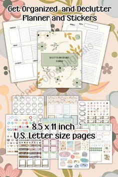 the printable planner and stickers bundle is shown with flowers, leaves, and other items