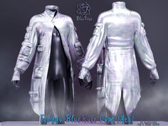 two male mannequins dressed in shiny white clothing, one wearing black and the other silver