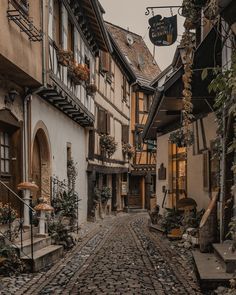 an old cobblestone street is lined with buildings and plants on either side of it