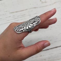 Extra Large Silver Long Floral Ring Charming Bohemian Style Large Statement Ring  Adjustable and sturdy  length- 1.75 inches  width-1 inch  #bohemian hippie #gift for her #silver  jewelry #statement jewelry #long ring Vintage Adjustable Metal Rings, Vintage Jewelry With Oxidized Finish Open Ring, Vintage Open Ring Jewelry With Oxidized Finish, Vintage Oxidized Open Ring Jewelry, Adjustable Metal Rings For Festival, Bohemian Style Metal Jewelry, Vintage Festival Ring, Bohemian Wide Band Engraved Jewelry, Bohemian Metal Rings For Jewelry Making