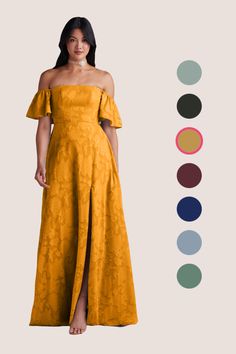 a woman in a yellow dress standing next to color swatches and the same image