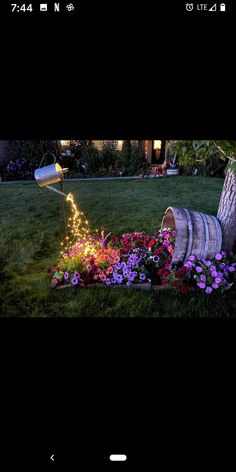 an image of a garden with flowers and lights in the grass at night, as well as a wine cask