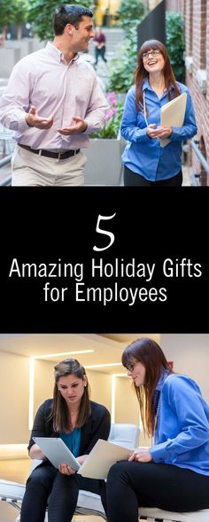 people are sitting on benches and talking to each other with the words 5 amazing holiday gifts for employees