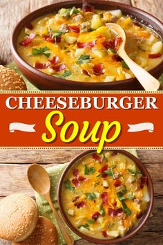 two bowls of cheeseburger soup on a wooden table with bread and spoons