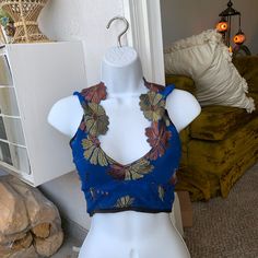 Runs Small, I’d Say Extra Small To Small. Never Worn. Fitted Blue Top For Festivals, Bohemian Blue Triangle Crop Top, Bohemian Blue Crop Top, Fitted Bohemian Triangle Crop Top, White Sleeveless Crop Top, Bohemian Printed Cropped Crop Top, Bohemian Multicolor V-neck Crop Top, Fur Purse, Silk Crop Top