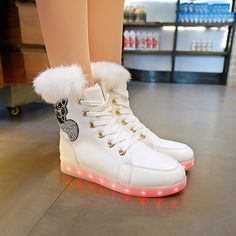 White/Black/Pink LED Light Fluffy Boots sold by Harajuku Fashion Style on Storenvy Trendy Boots With Faux Fur Lining And Round Toe, Trendy Faux Fur Boots With Round Toe, White Faux Fur Boots With Round Toe, Party Boots With Faux Fur Lining, Party Boots With Faux Fur Trim And Round Toe, Fluffy Boots, Fur Ankle Boots, Led Shoes, Popular Boots