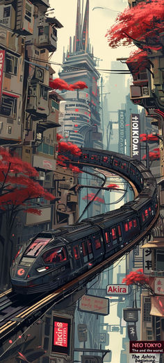 a train traveling through a city with tall buildings and red leaves on the tree's branches