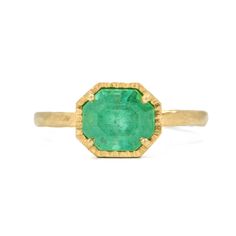 Large one of a kind bezel set emerald ring with a warm yellow gold hammered band. 18K yellow gold 1.85ct emerald Size 6.5 Not your ring size? Please add a ring sizing to your cart if you need a different size & add your ring size to the cart notes. 14k Gold Octagon Emerald Ring With Bezel Setting, Gold Octagon Solitaire Emerald Ring, Gold Solitaire Emerald Ring In Octagon Shape, Green Octagon Emerald Ring With Bezel Setting, Anniversary Faceted Emerald Ring, Rebecca Overmann, Jane Taylor, Melissa Joy Manning, Hammered Band