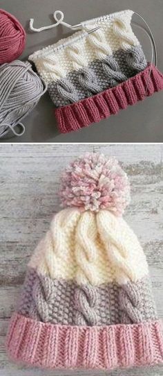 two hats with pom poms on them and one is knitted in different colors