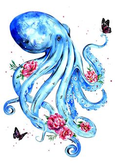 an octopus with flowers and butterflies on it's back is painted in watercolor