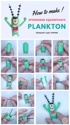 the instructions for how to make sponger soarpants plankton from fondant cake toppers