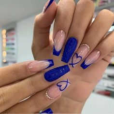 24pcs Glossy Long Ballerina Blue French Tip Press On Nails With Cute Heart Shining Rhinestone Design Ballerina Acrylic Nails, Blue Acrylic Nails, Smink Inspiration, Manicure Tips, Coffin Press On Nails, Valentine Nails, Acrylic Nails Coffin Short, Diamond Nails, Best Acrylic Nails