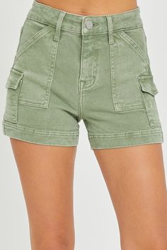 High rise side cargo pocket shorts. Features: High rise Button and zip fly closure Belt loops Cargo pockets Fabric: 98% Cotton 2% Spandex RDS6150X Earth Tone Pink, Mini Cargo Shorts, Olive And Cocoa, Lightning Thief, Cargo Shorts Women, Stylish Shorts, 1 Samuel, Shorts Outfits, Pocket Shorts