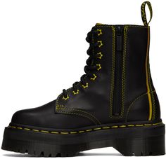 Ankle-high buffed nappa leather boots in black. Contrast stitching and buffed leather trim in yellow throughout. · Graphic eyelet vents at lace-up closure · Zip closure at inner side · Logo-woven webbing pull-loop at heel collar · Signature yellow stitching at heat-sealed Goodyear welt · Signature treaded Air Cushion rubber sole · Platform: H2 in Supplier color: Black/Sulphur Yellow High-top Boots For Streetwear, Yellow Leather Platform Boots With Round Toe, Yellow Leather High-top Boots, Yellow High-top Leather Boots, Yellow Lace-up Boots For Streetwear, Yellow Leather Boots With Lug Sole, Yellow Boots With Rubber Sole For Fall, Tall Lace Up Boots, Star Boots