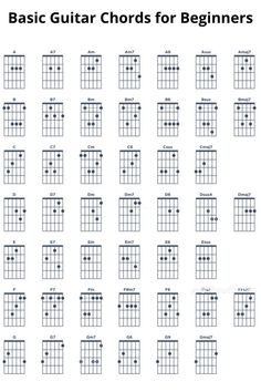 the basic guitar chords for beginners are shown in black and white, with an image of