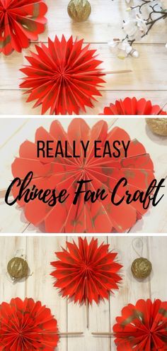 red paper flowers are arranged in the shape of an origami flower, with text overlay reading really easy chinese five craft