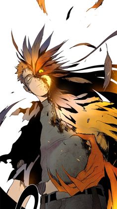 an anime character with long hair and orange eyes is surrounded by falling leaves in the air