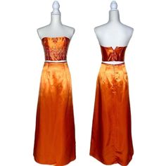 "LIKE NEW- Vintage 90's Jessica McClintock for Gunne Sax Bright Orange Satin Two-Piece Prom Dress w/ Floral Embroidery ▪️Size: 5 (labeled, recommended for X-Small to Small) ▪️Measurements: (taken lying flat) Pit to Pit: 14.75\" Length (top): 9\" (longest point- shorter in back) Waist (skirt): 12.5\" Length (skirt): 41\" ▪️Brand: Jessica McClintock for Gunne Sax ▪️Material: 100% Acetate ▪️This 90's/Y2k Era Jessica McClintock Two Piece Prom Dress/Set is absolutely gorgeous! The liquid orange satin is flawless and some of the most beautiful satin I have ever seen! The color is a stunning bright orange (shadows in some pictures darkened up the true color) ▪️Dress is New/Unworn w/out the original tags- Perfect condition ▪️Skirt & top zip up the back- no stretch to either piece ▪️Featuring beaut Two Piece Prom Dress, Two Piece Prom, Orange Satin, Y2k Era, Piece Prom Dress, Jessica Mcclintock, Gunne Sax, Color Dress, Dress Set