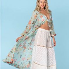 Beautiful Chic Resort Bridal Style Kimono Gypsy Boho Duster From Ranee’s Miami Spring Breezy Cover-up With Long Sleeves, Breezy Long Sleeve Spring Cover-up, Spring Maxi Length Cover-up For Daywear, Fitted Spring Cover-up For Daywear, Flowy Spring Maxi Cover-up, Spring Flowy Maxi Cover-up, Spring Daywear Maxi Length Cover-up, Spring Daywear Maxi-length Cover-up, Fitted Blue Cover-up For Spring