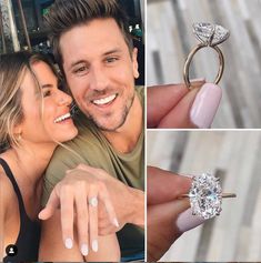 the couple is posing for pictures with their engagement rings and diamond ring on their finger