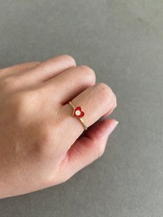 14K Solid Gold/ Heart Evil Eye Ring, Red Blue- 14K Solid Gold Quantity : One Ring Color : Gold Material : 14K Solid Gold Ring Size : 7  Band Size : about 1.4mm wide and 1mm thick Heart Evil Eye Size : 6.8mm * Metal components are 14K Solid Gold. * Suitable for delicate and sensitive skin. * Comes in a jewelry box. If you need extra boxes for gifting....just let us know! Red 14k Gold Heart Ring For Promise, 14k Gold Red Heart Ring For Promise, Red 14k Gold Heart Promise Ring, Red Heart Birthstone Ring In 14k Gold, 14k Gold Heart Cut Red Heart Ring, 14k Gold Red Heart Cut Ring, Red 14k Gold Heart Ring With Birthstone, Red Heart Ring For Valentine's Day, Red Heart Ring In 14k Gold