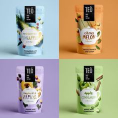 four bags of tea with different flavors on them, each containing an apple and cinnamon flavor