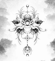 a black and white drawing of a flower on a gray background with the moon in the sky