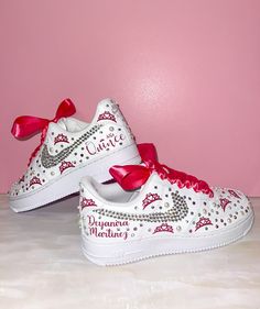 Nike Air Force 1s with a little flare! 💎 These beautiful sneakers can be customized for your Quinceañera, Sweet 16, College game days, weddings, or any event that you can think of! The glitter vinyl used for the theme can be customized to the color of your choosing. ✨ Ribbon laces will be provided and will match the rhinestone color, unless specified in the order. 🎀 Orders are shipped within 2 weeks. Shoes are ordered directly from the Nike store, so they are brand new and authentic Nikes. NOTE: 🌺 As this is a custom item, there will be no refunds or exchanges. If you have any questions, please reach out to us before placing the order, and we'll be more than happy to assist you! ❤️  Thank you for choosing our store! I hope that you'll love these shoes as much as we have enjoyed creating Quinceañera Shoes, Red Sweet 16 Dresses, Sweet 16 Shoes, Quinceanera Shoes, Birthday Shoes, Bridal Sneakers, Custom Nike Air Force, Custom Nike Air, Girly Wallpaper