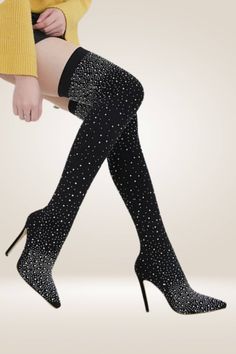 Thigh High Heels For Winter Night Out, Thigh High Heels For Night Out In Winter, Silver Heeled Boots For Winter Evenings, Trendy Party Boots For Party Season, Trendy Evening Boots For Party Season, Glamorous Heeled Boots For Party, Trendy Heeled Boots For Party Season Night Out, Trendy Heeled Boots For Party Season, Glamorous High Heel Winter Heels