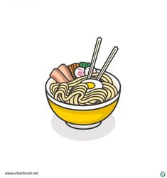 a yellow bowl filled with noodles and chopsticks