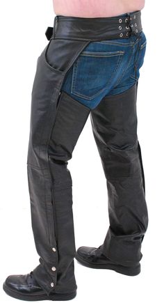 Premium pocket chaps with pant pockets and made of heavy weight 1.3-4 mm thick black premium buffalo leather. Features of these motorcycle chaps include cotton lined pant style pockets, adjustable lace back, adjustable front belt, soft nylon lining, and four snap bottom that makes it easy to trim to length. Premium quality leather motorcycle chaps. These black chaps are a Jamin Leather® best value. Sizes: XS, S, M, L, XL, 2X, 3X, 4X, 5X, 6X, 7X, 8X, 9X. +$10 for 2X-3X, +$20 for 4X-5X, +$30 for 6X-7X, +$40 for 8X-9X. [5#] unisex chaps two pant style pockets soft nylon lining heavy duty YKK zippers heavy duty snaps and rivets wind flap covers the side zippers adjustable lace back adjustable front belt four snap bottom top grain leather heavy premium buffalo leather IMPORTANT SPECIFICATIONS: Black Leather Bottoms With Side Pockets, Black Leather Bottoms With Multiple Pockets, Black Leather Moto Bottoms, Fitted Motorcycle Pants With Pockets, Biker Style Black Leather Pants With Standard Cut Leg, Black Biker Leather Pants With Standard Cut Leg, Biker Style Leather Pants With Belt Loops, Black Leather Pants With Belt Loops For Motorcycling, Black Biker Leather Pants With Belt Loops