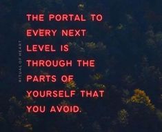 a red neon sign that says the portal to every next level is through the parts of yourself that you avoid