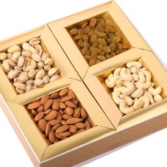 three boxes filled with different types of nuts in them, each containing almonds and cashews