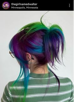 Green Purple Turquoise Blue Shag Hairstyle Haircolor Crazy Vivid Hair, Purple Turquoise Hair, Purple Green And Blue Hair, Purple Green Hair Color, Hair Ideas Colored Dyed, Purple And Blue Hair Color Ideas, Cool Color Hair, Turquoise And Purple Hair, Blue Purple Hair Color