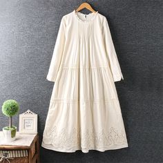 Origin:CN(Origin),Season:Autumn,Material:Cotton,Silhouette:A-Line,Age:Ages 18-35 Years Old,Model Number:9209-WGX,Neckline:O-Neck,Sleeve Length(cm):Full,Sleeve Style:Regular,Gender:WOMEN,Decoration:Embroidery,Style:vintage,Waistline:Natural,Pattern Type:Solid,Dresses Length:Mid-CalfsizeshouldeR:42cm   bust:110cm   hem:180cm   sleeve:52cm   length:110cm Loose Long Sleeve Dress, Long Sleeves Dress, Sleeves Dress, Lace Embroidery, Kurta Designs, Solid Dress, Full Sleeve, Sleeve Styles, Dress Length